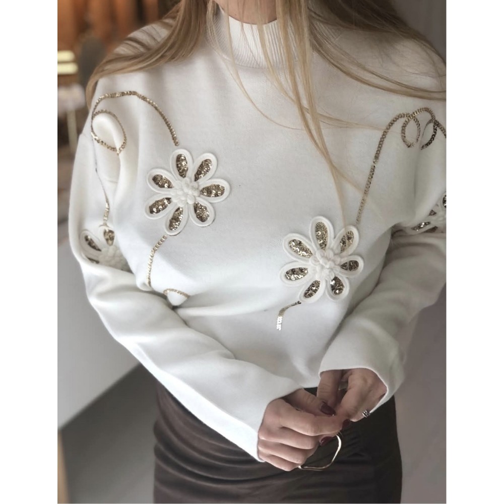 Mπλούζα Πλεκτή Πουλόβερ με Κέντημα Flower και Παγιέτα -Εκρού- 03341125