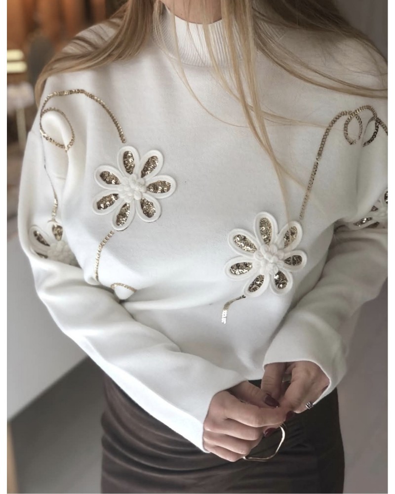Mπλούζα Πλεκτή Πουλόβερ με Κέντημα Flower και Παγιέτα -Εκρού- 