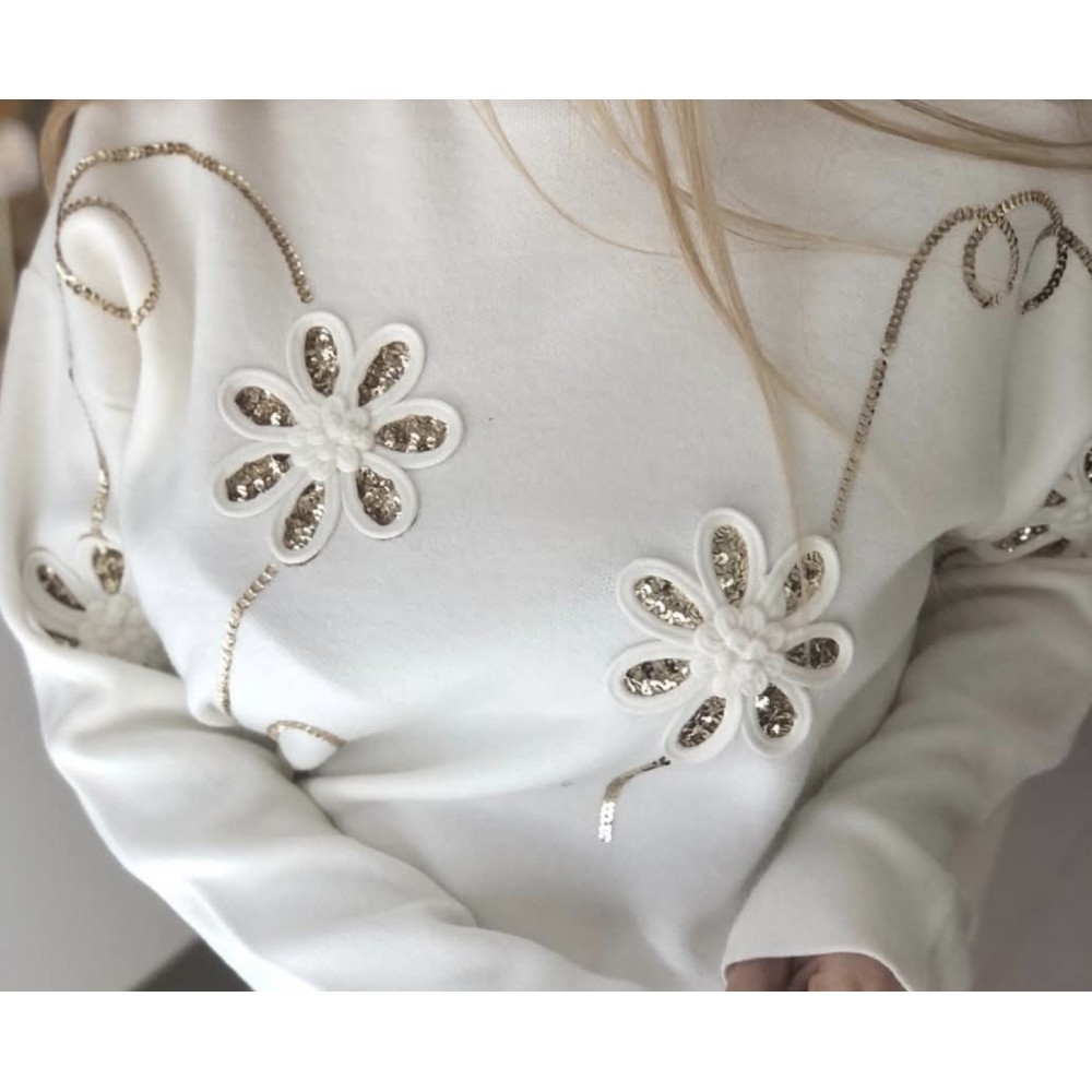 Mπλούζα Πλεκτή Πουλόβερ με Κέντημα Flower και Παγιέτα -Εκρού- 03341125