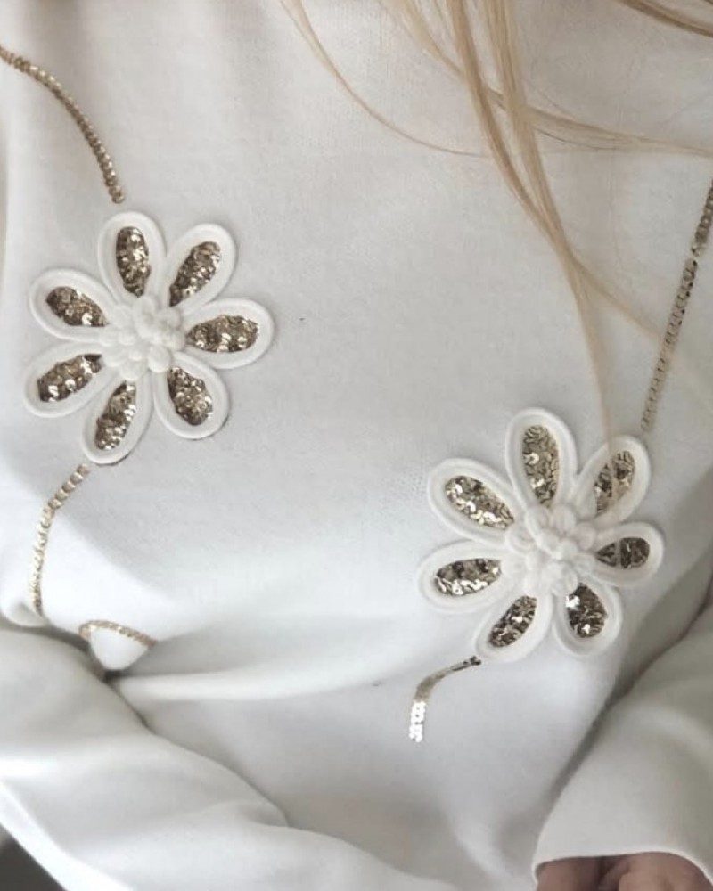 Mπλούζα Πλεκτή Πουλόβερ με Κέντημα Flower και Παγιέτα -Εκρού- 