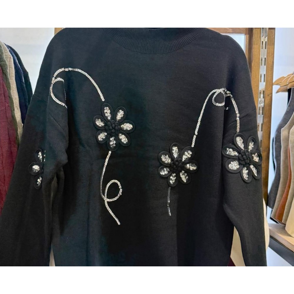 Mπλούζα Πλεκτή Πουλόβερ με Κέντημα Flower και Παγιέτα -Μαύρο- 