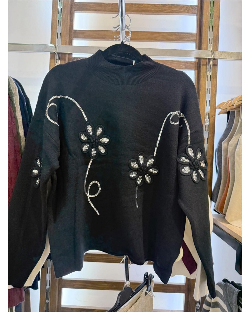 Mπλούζα Πλεκτή Πουλόβερ με Κέντημα Flower και Παγιέτα -Μαύρο- 