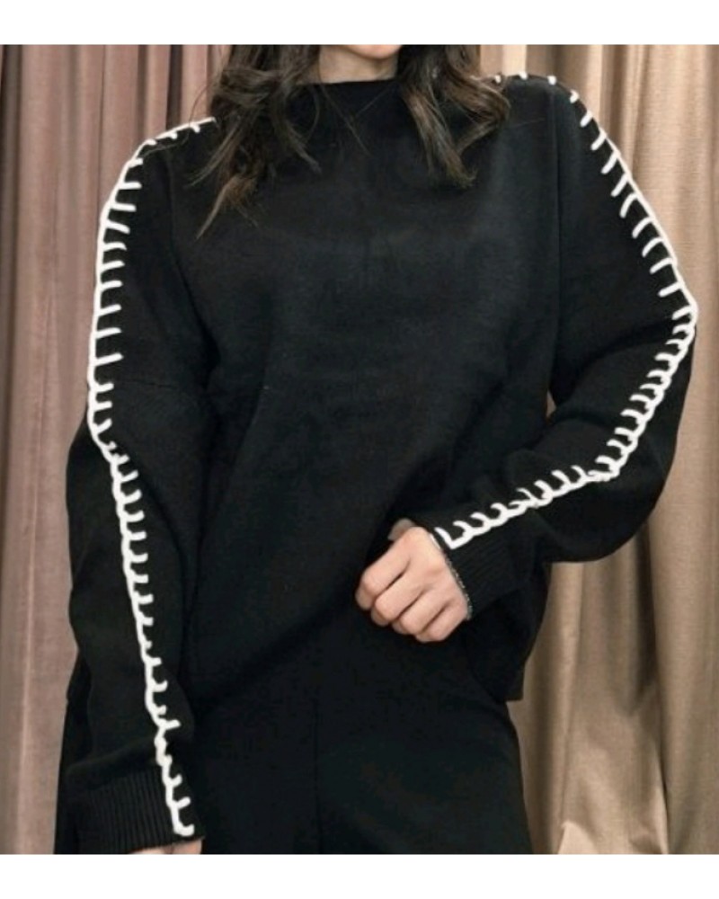 Πλεκτή Mπλούζα Πουλόβερ με Πλέξιμο στα Μανίκια -Μαύρο-