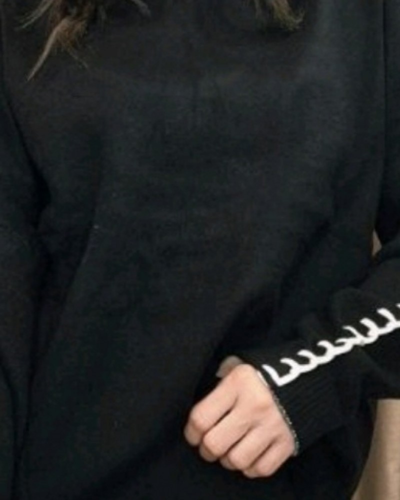 Πλεκτή Mπλούζα Πουλόβερ με Πλέξιμο στα Μανίκια -Μαύρο-