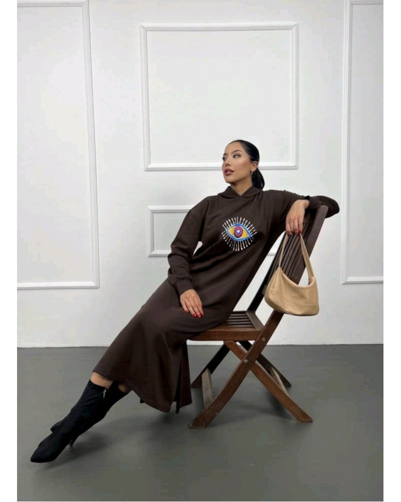 Φόρεμα Μακρύ Φούτερ Με Κουκούλα Sweatshirt Dress -Καφέ- 043.10.20230
