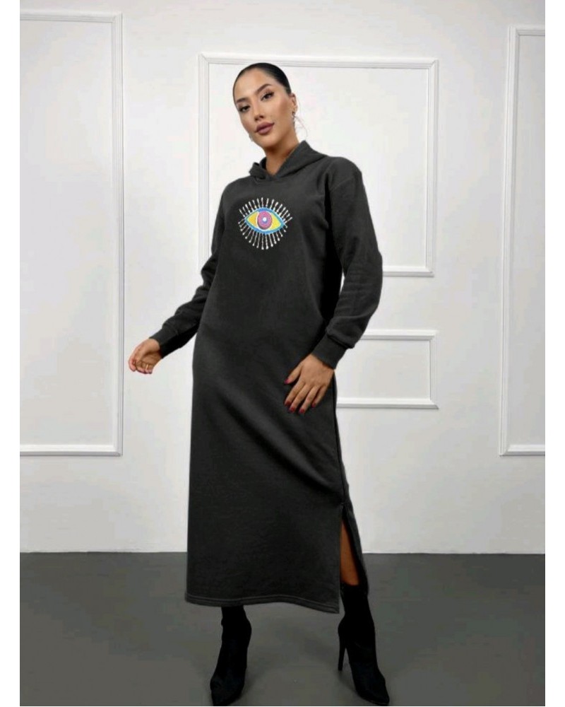 Φόρεμα Μακρύ Φούτερ Με Κουκούλα Sweatshirt Dress -Μαύρο- 043.10.20230