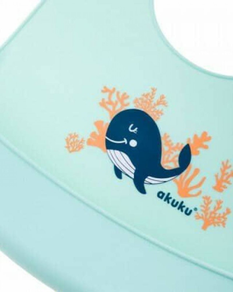 Σαλιάρα Σιλικόνης με Τσεπάκι -Whale- Akuku -Μέντα- 0505