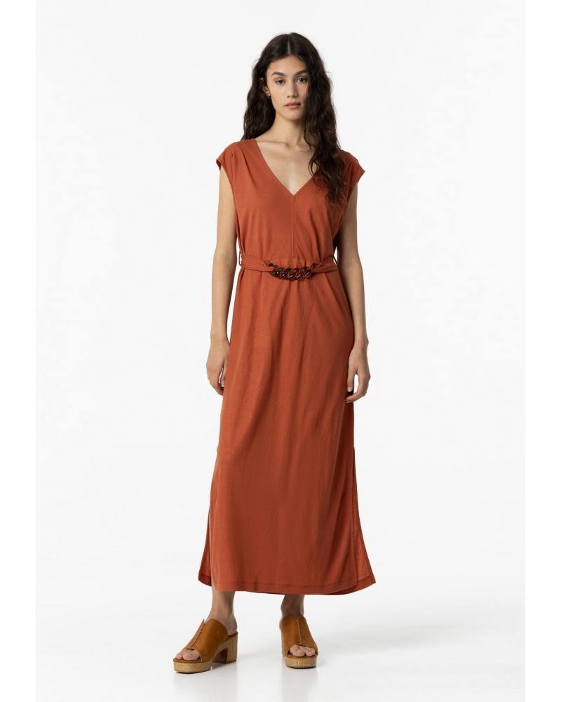 Φόρεμα Αμάνικο Midi Απλικέ με Ζώνη Ταρταρούγας -Κεραμιδί- 10054196