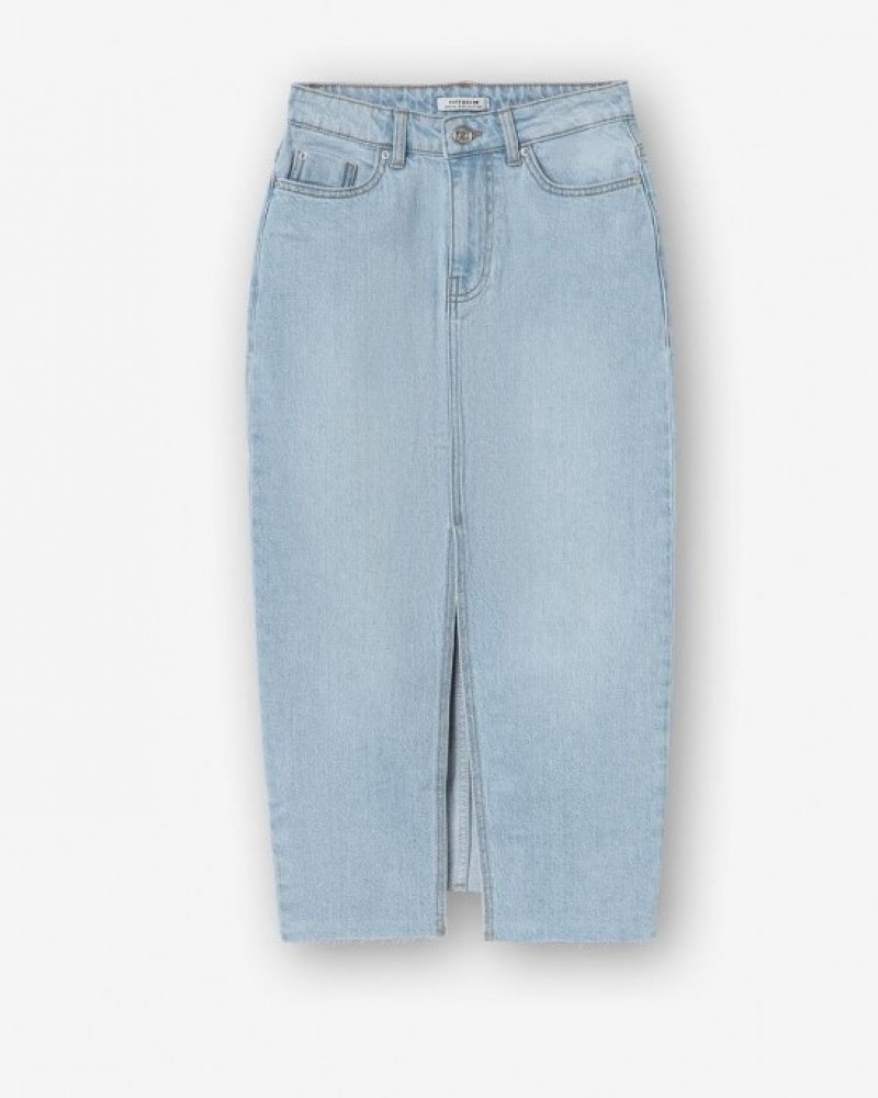 Φούστα Midi DenimΤζιν Κλασική με Μπροστινό Σκίσιμο -Τζιν Ανοιχτό- 10054514