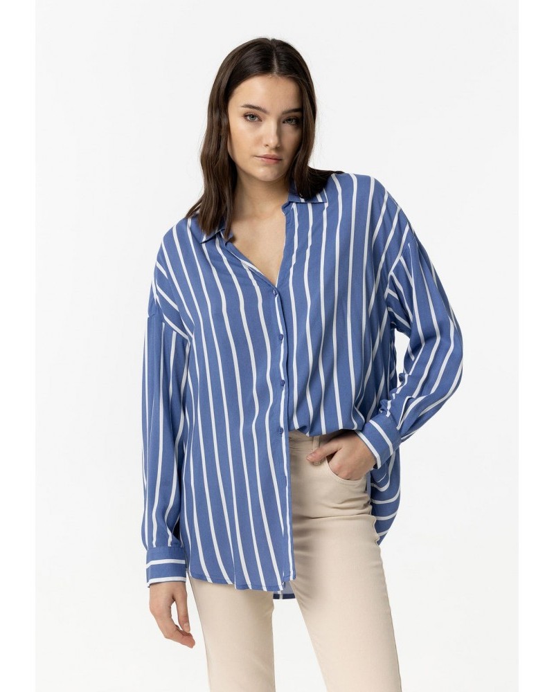  Πουκάμισο Ριγέ Μακρυμάνικο Oversize -Μπλε- 10054750754