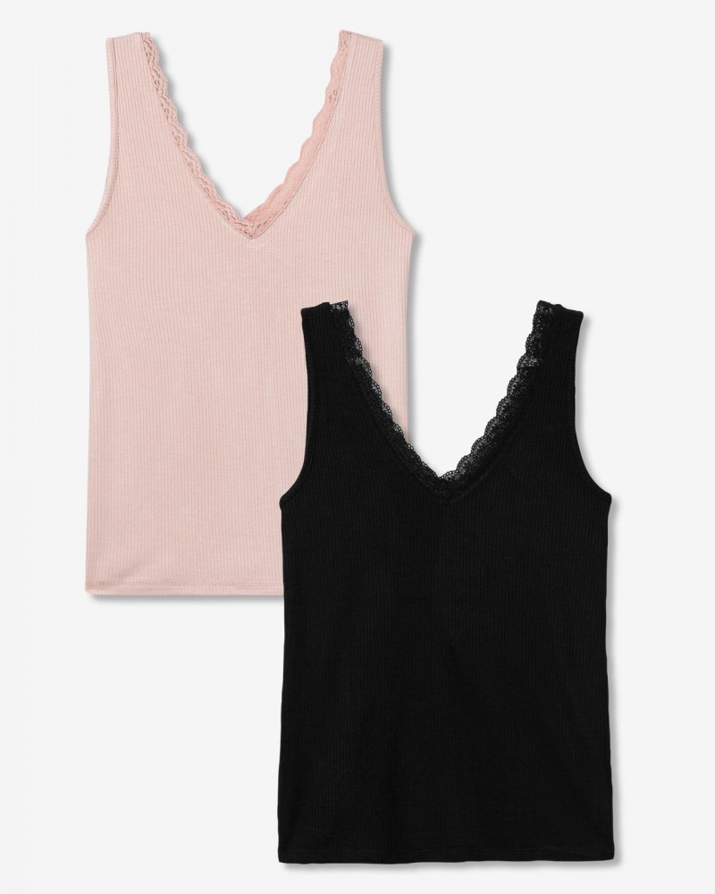 Γυναικείο Αμάνικο Ribbed Tops με Δαντέλα 2 Τεμάχια -Ροζ/Μαύρο- 10057289