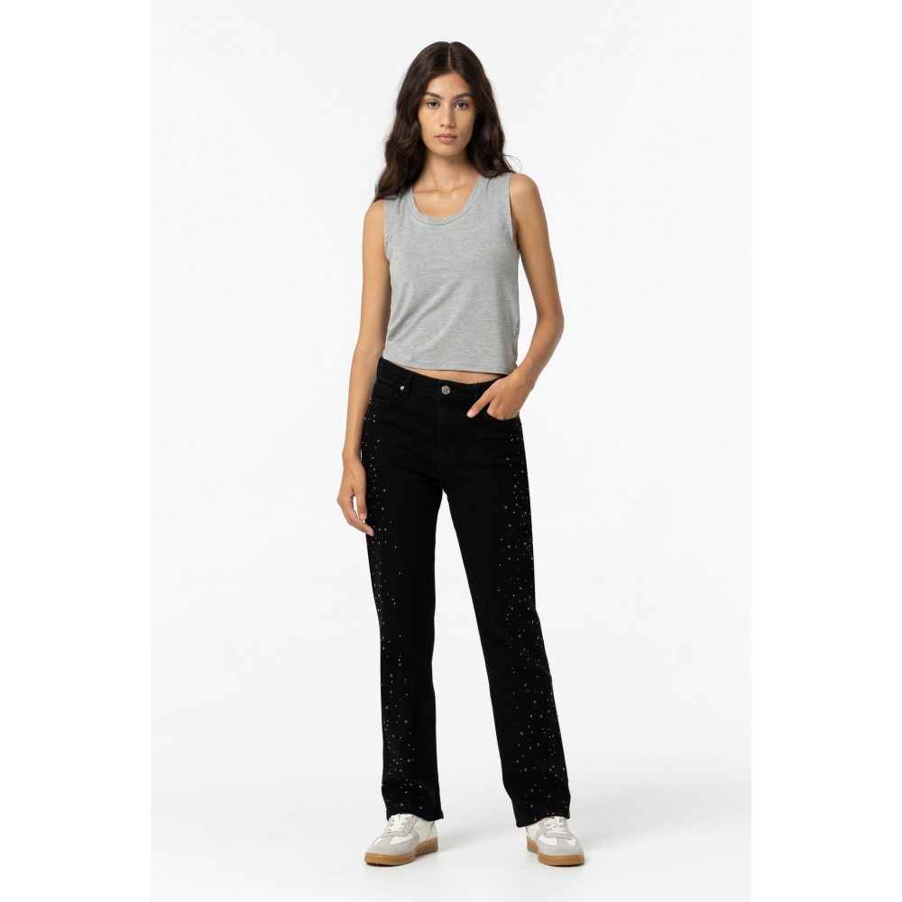 Γυναικείο Παντελόνι Jean Straight Fit με Μεταλλικό Σχέδιο Tiffosi -Μαύρο- 10057962