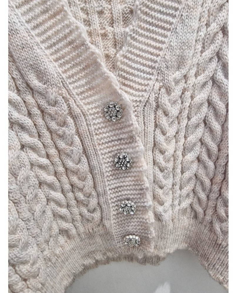 Γυναικεία Πλεκτή Ζακέτα Με Κουμπιά από Στρας -Μπεζ- 