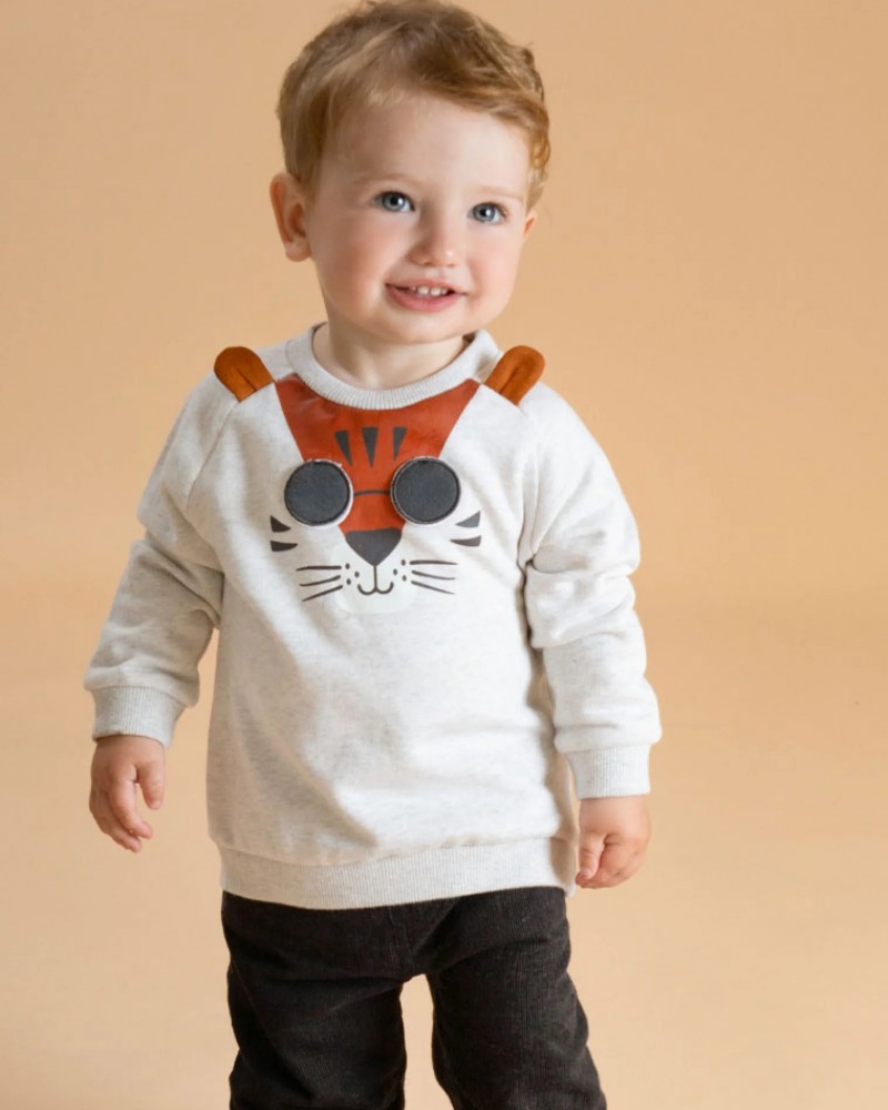 Βρεφικό Σετ Φούτερ Μπλούζα Τίγρης και Κοτλέ Παντελόνι Αγόρι (6-18μ) -Ανθρακί- 