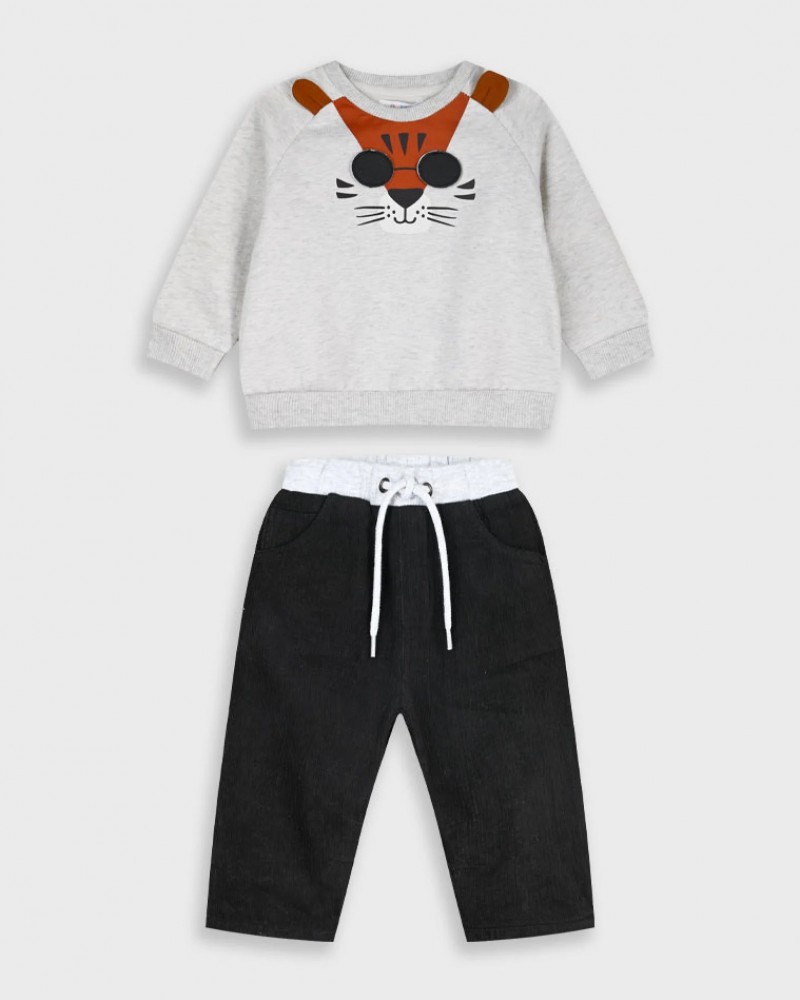 Βρεφικό Σετ Φούτερ Μπλούζα Τίγρης και Κοτλέ Παντελόνι Αγόρι (6-18μ) -Ανθρακί- 