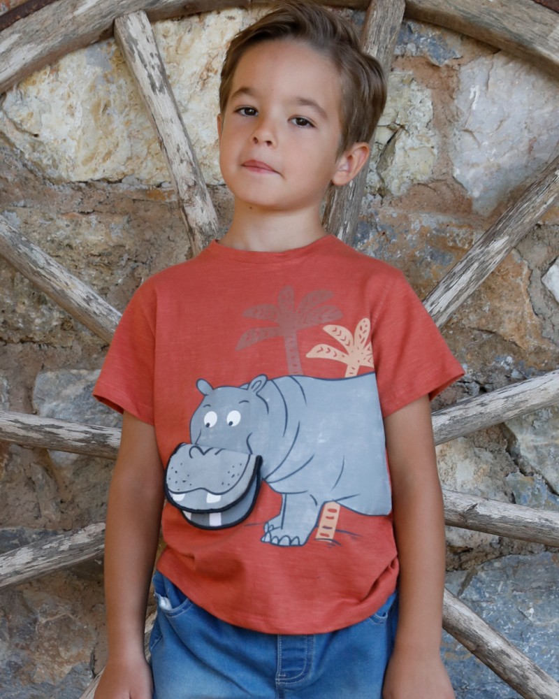 Παιδική Μπλούζα Μακό Με Τύπωμα Hippo με Διαδραστικό Στόμα Αγόρι -Πάπρικα- 12-223148-5