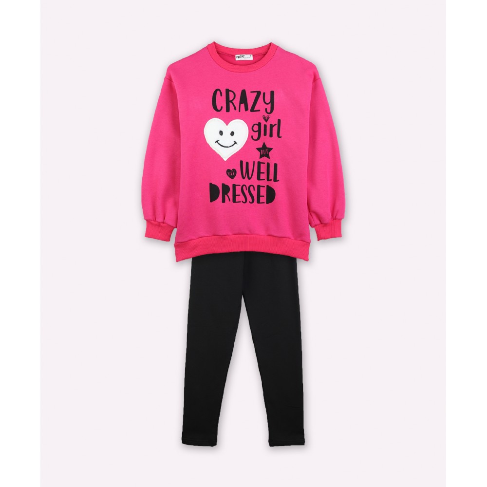 Εφηβικό Casual Σετ Φούτερ με Κολάν και Τύπωμα Crazy Girl Κορίτσι -Φουξ- 123523