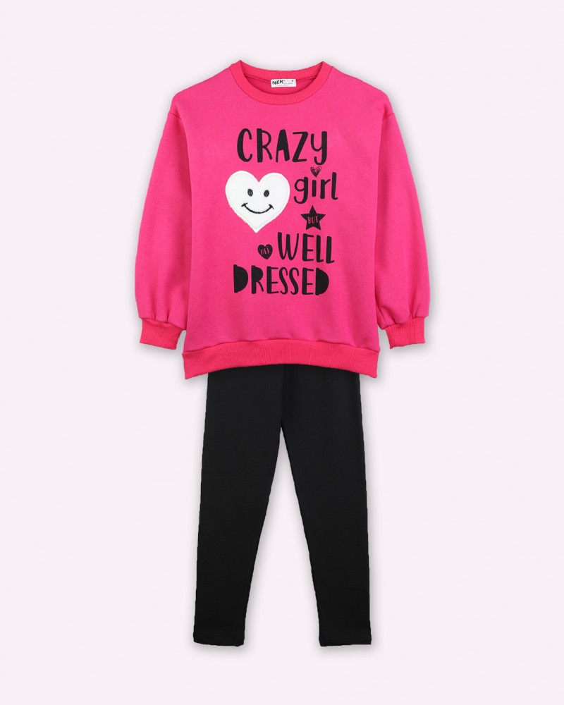 Εφηβικό Casual Σετ Φούτερ με Κολάν και Τύπωμα Crazy Girl Κορίτσι -Φουξ- 123523