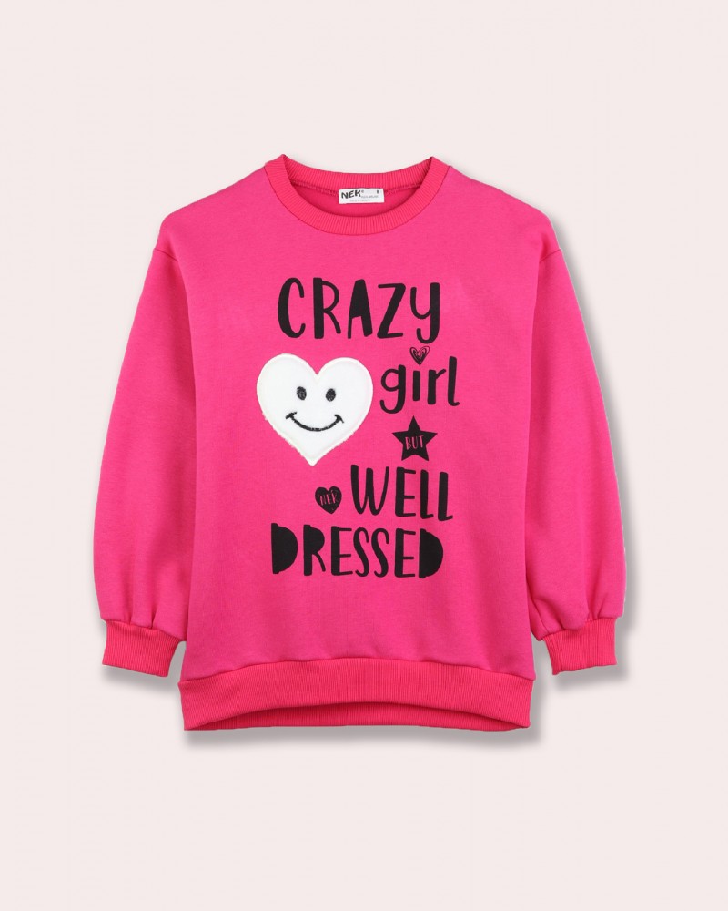 Εφηβικό Casual Σετ Φούτερ με Κολάν και Τύπωμα Crazy Girl Κορίτσι -Φουξ- 123523