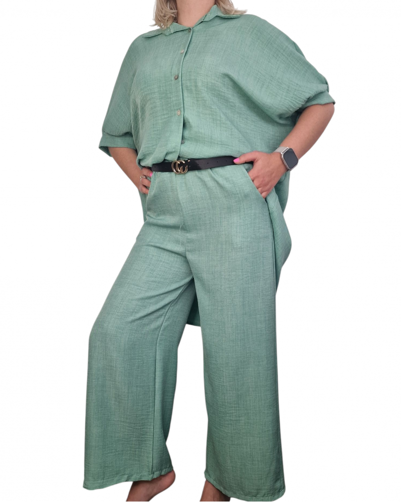 Γυναικείο Σετ Πουκάμισο Κοντομάνικο και Παντελόνι -Μέντα- 1242025