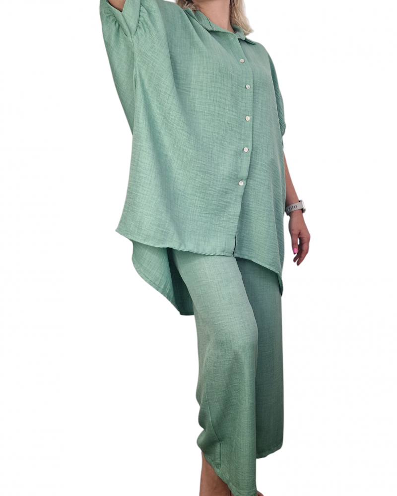 Γυναικείο Σετ Πουκάμισο Κοντομάνικο και Παντελόνι -Μέντα- 1242025