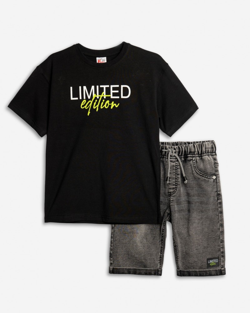 Εφηβικό Σετ με T-Shirt Μπλούζα Limited και Τζιν Βερμούδα Αγόρι (6-16) –Μαύρο– 125-102101-1