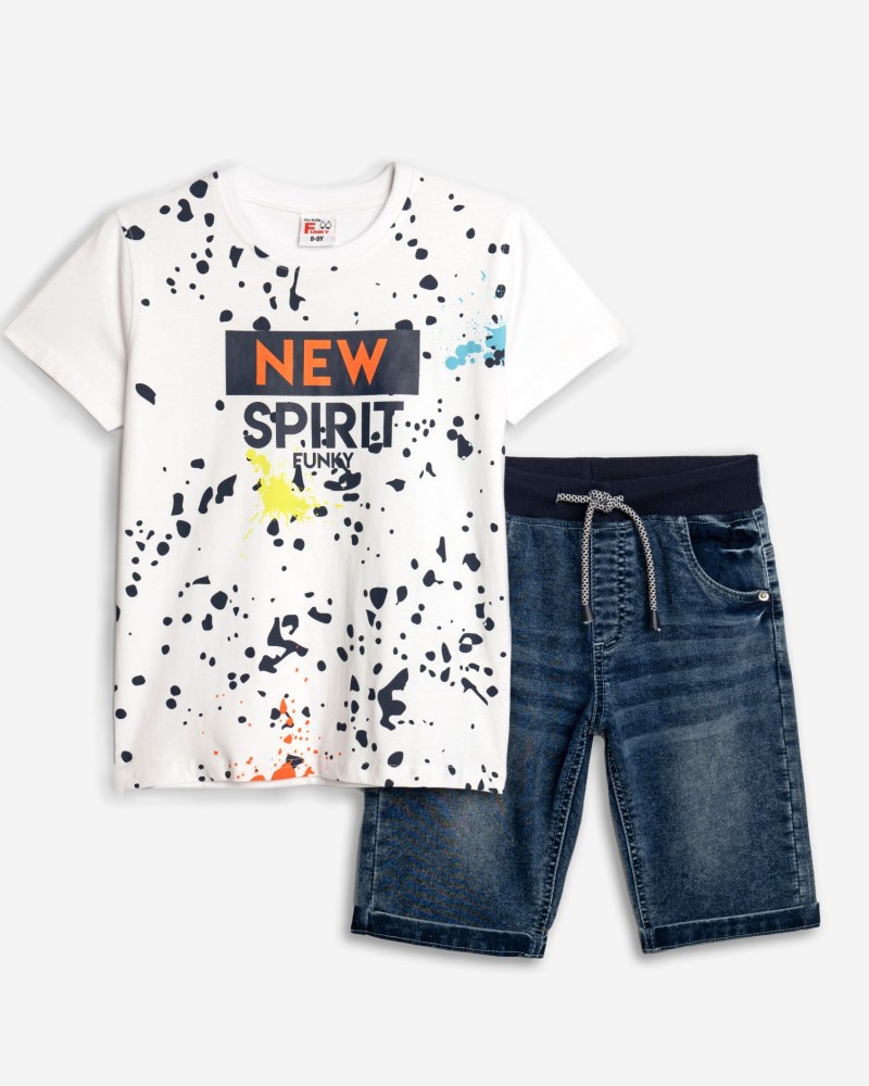 Εφηβικό Σετ με T-Shirt Μπλούζα New Spirit και Τζιν Βερμούδα Αγόρι (6-16) –Λευκό– 125-102105-2