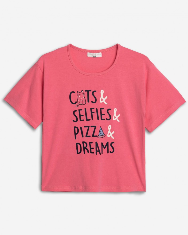 Εφηβική Μπλούζα T-Shirt με Τύπωμα Pizza Κορίτσι (6-16) -Ροζ- 125-505140-1