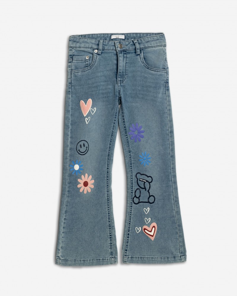 Εφηβικό Παντελόνι Jean Streetwear με Τrendy Τύπωμα Κορίτσι (6-16) -Μπλε Τζιν- 125-512101-1