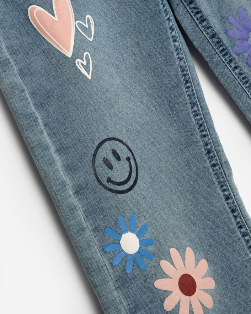 Εφηβικό Παντελόνι Jean Streetwear με Τrendy Τύπωμα Κορίτσι (6-16) -Μπλε Τζιν- 125-512101-1