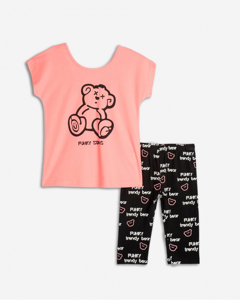 Εφηβικό Σετ με Μπλούζα Trendy Bear Και Κολάν Κάπρι Κορίτσι (6-16) -Σομόν Neon- 125-520101-1