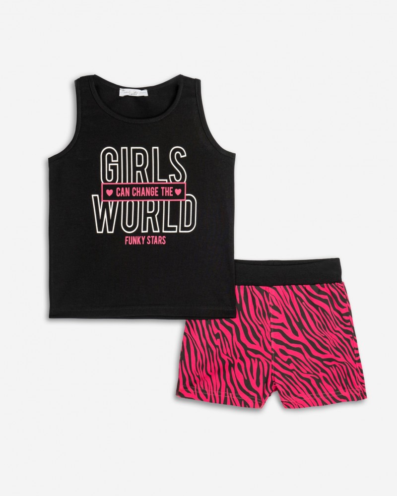 Εφηβικό Σετ με Μπλούζα Αμάνικο Girls World Και Σορτς Κορίτσι (6-16) -Μαύρο- 125-524113-1