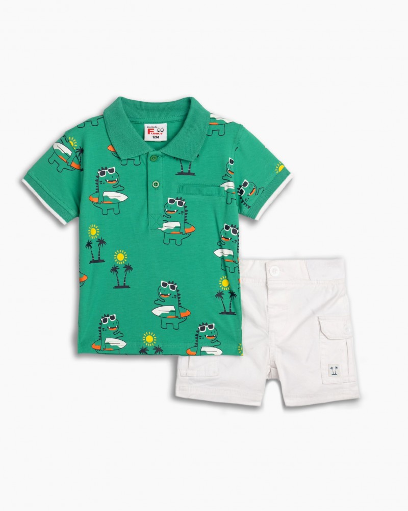 Παιδικό Σετ με Μπλούζα Polo Cool Dino Και Βερμούδα Cargo Αγόρι (6-24μ) -Λευκό- 125-822117-1