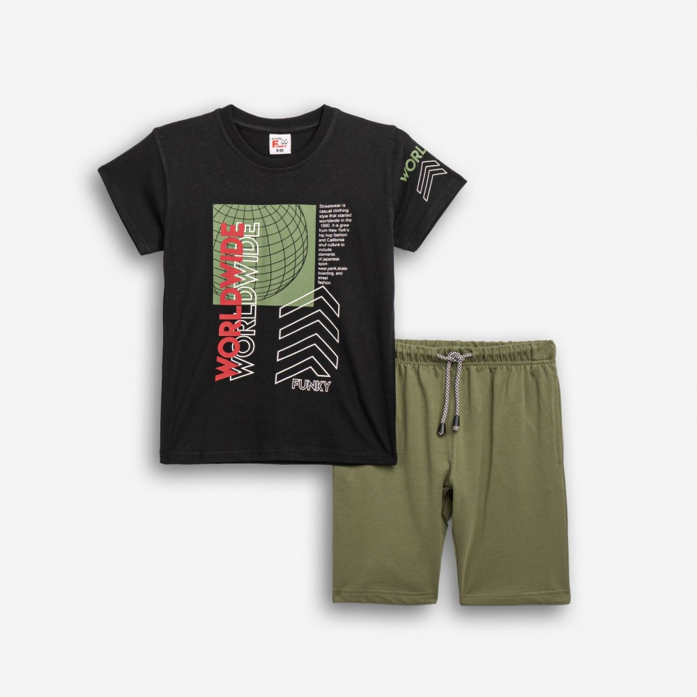 Εφηβικό Μακό Σετ με Μπλούζα Worldwide και Βερμούδα Αγόρι (6-16) –Μαύρο– 126-101103-2