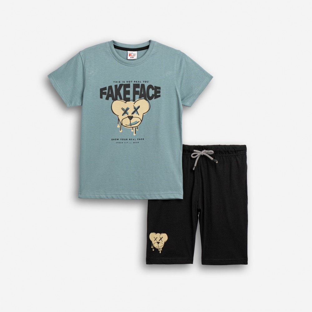 Εφηβικό Μακό Σετ με Μπλούζα Fake Face και Βερμούδα Αγόρι (6-16) –Ραφ– 126-101128-1
