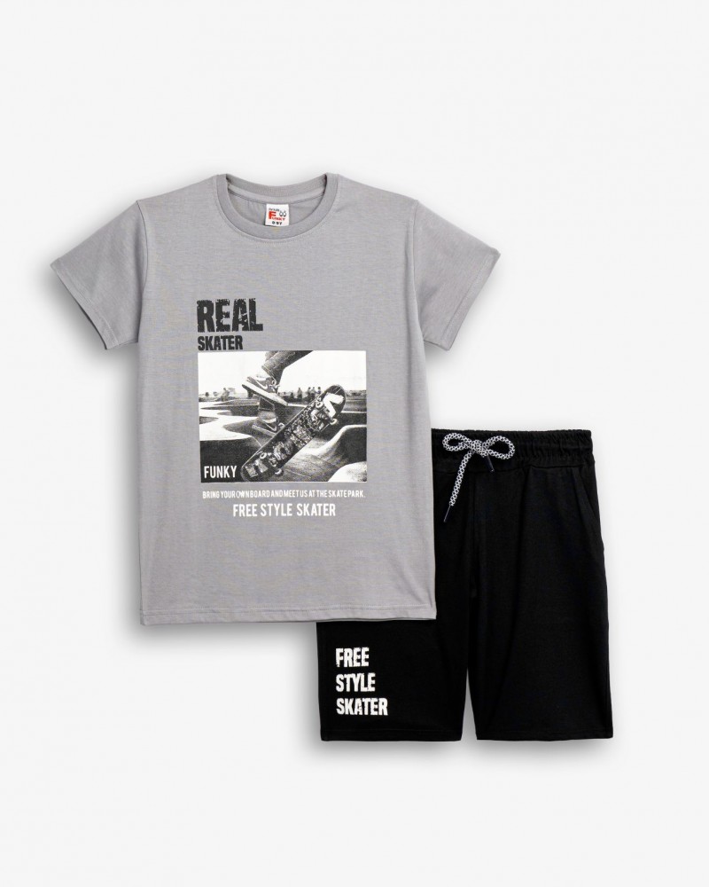 Εφηβικό Μακό Σετ με Μπλούζα Real Skater και Βερμούδα Αγόρι (6-16) –Γκρι– 