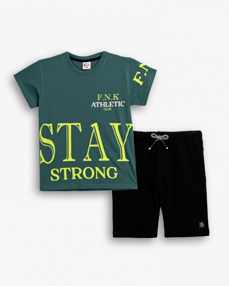 Εφηβικό Μακό Σετ με Μπλούζα Stay Strong και Βερμούδα Αγόρι (6-16) –Πετρόλ– 