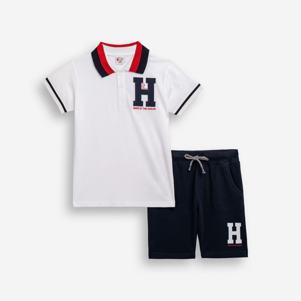 Εφηβικό Πόλο Σετ με Μπλούζα H και Βερμούδα Πικέ Αγόρι (6-16) –Λευκό– 