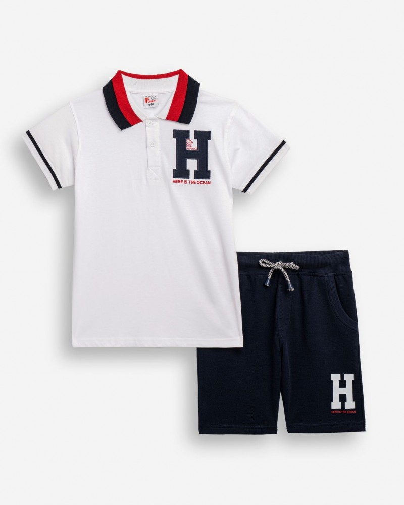 Εφηβικό Πόλο Σετ με Μπλούζα H και Βερμούδα Πικέ Αγόρι (6-16) –Λευκό– 