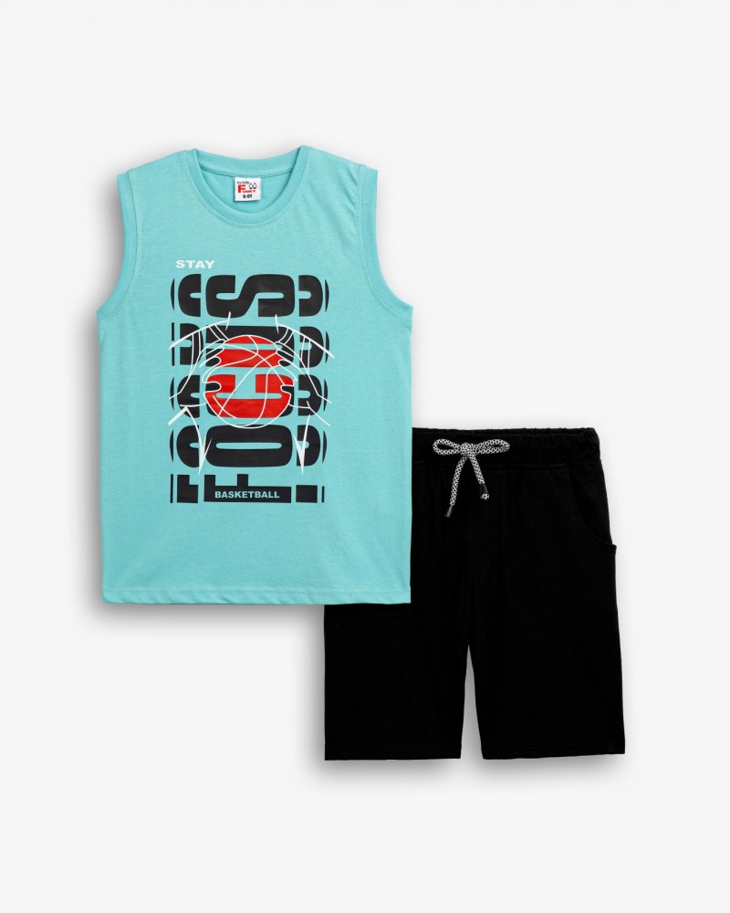 Εφηβικό Μακό Σετ Αμάνικο με Μπλούζα Focus-Μπάλα Μπάσκετ και Βερμούδα Αγόρι (6-16) –Τυρκουάζ– 