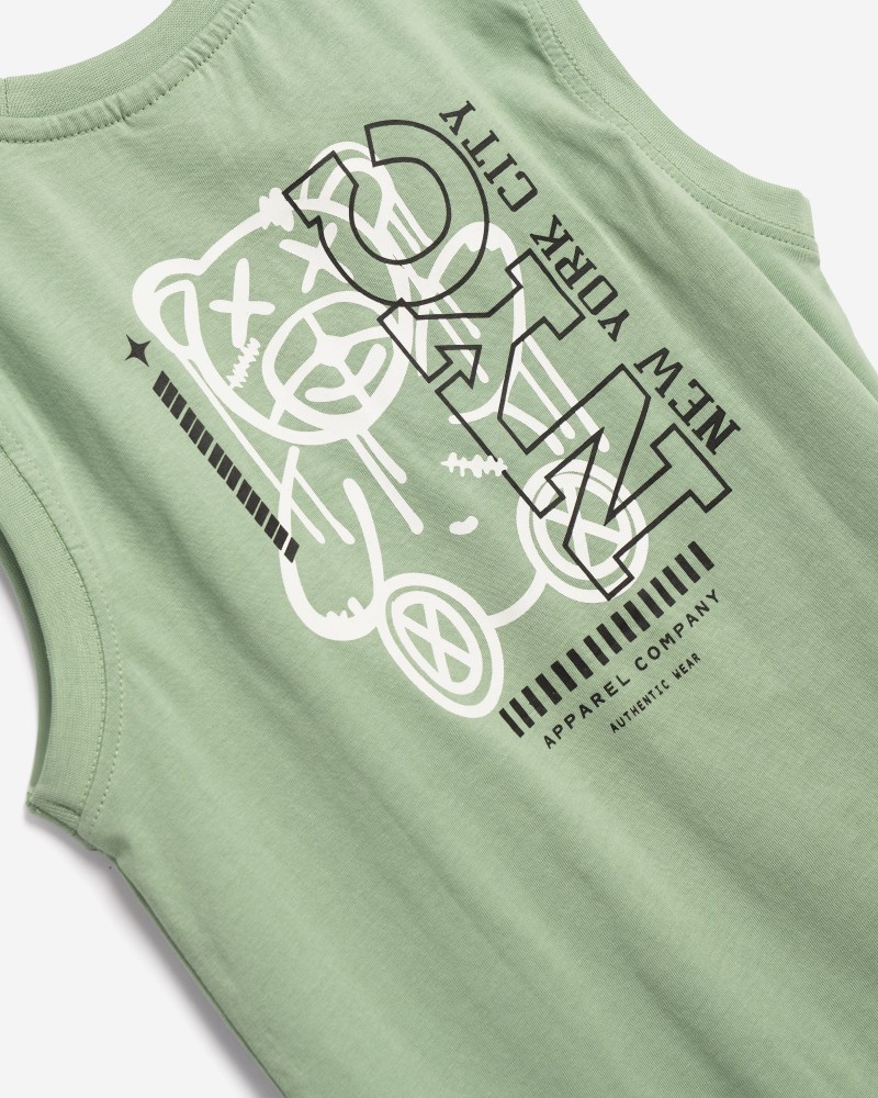 Εφηβικό Μακό Σετ Αμάνικο με Μπλούζα WorldNYC-Αρκουδάκι και Βερμούδα Αγόρι (6-16) –Πράσινο– 