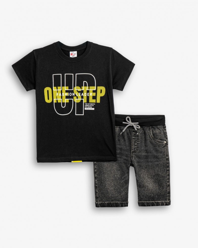 Εφηβικό Σετ με T-Shirt Μπλούζα One Step και Τζιν Βερμούδα Αγόρι (6-16) –Μαύρο– 