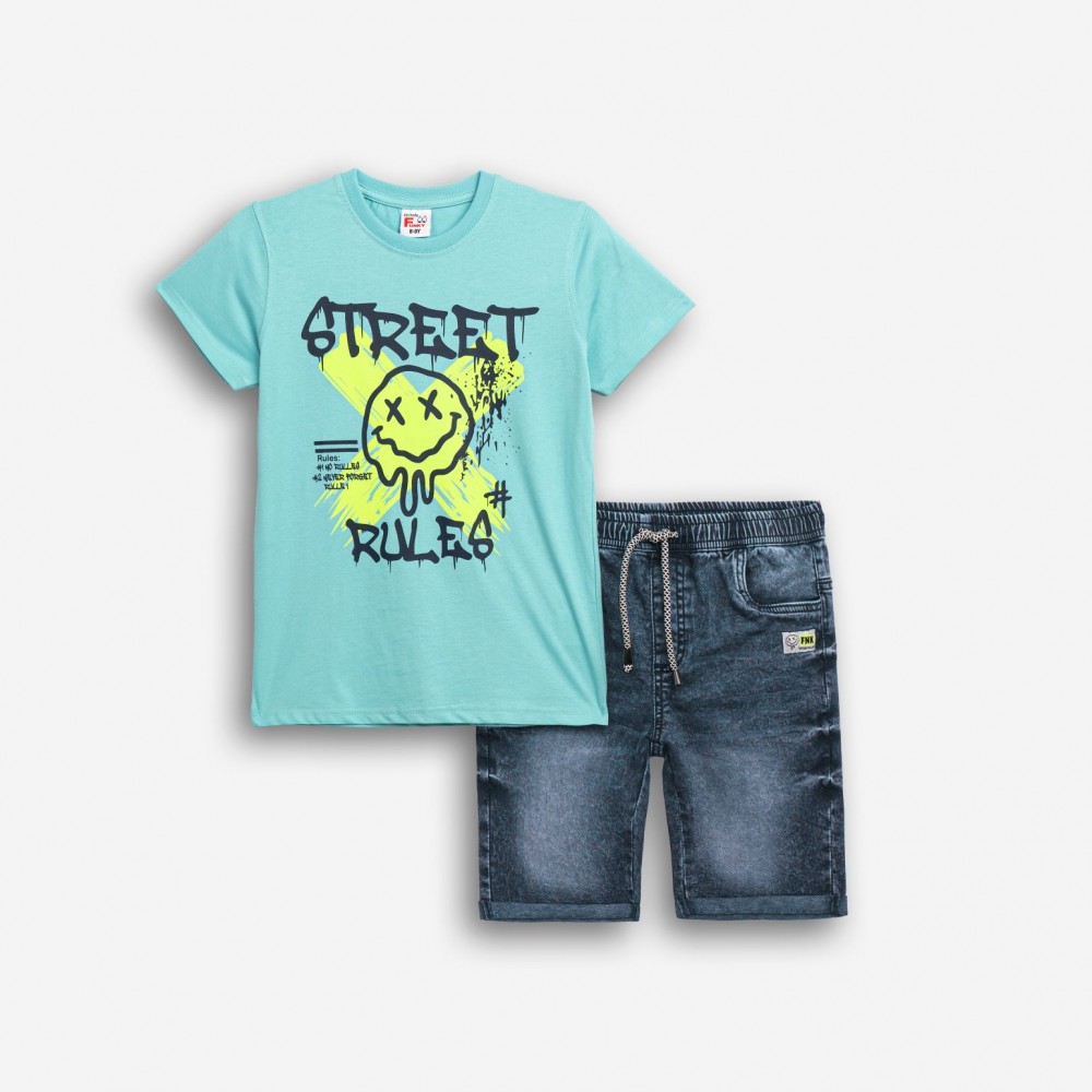 Εφηβικό Σετ με T-Shirt Μπλούζα Street Rules και Τζιν Βερμούδα Αγόρι (6-16) –Λευκό– 126-102103-1