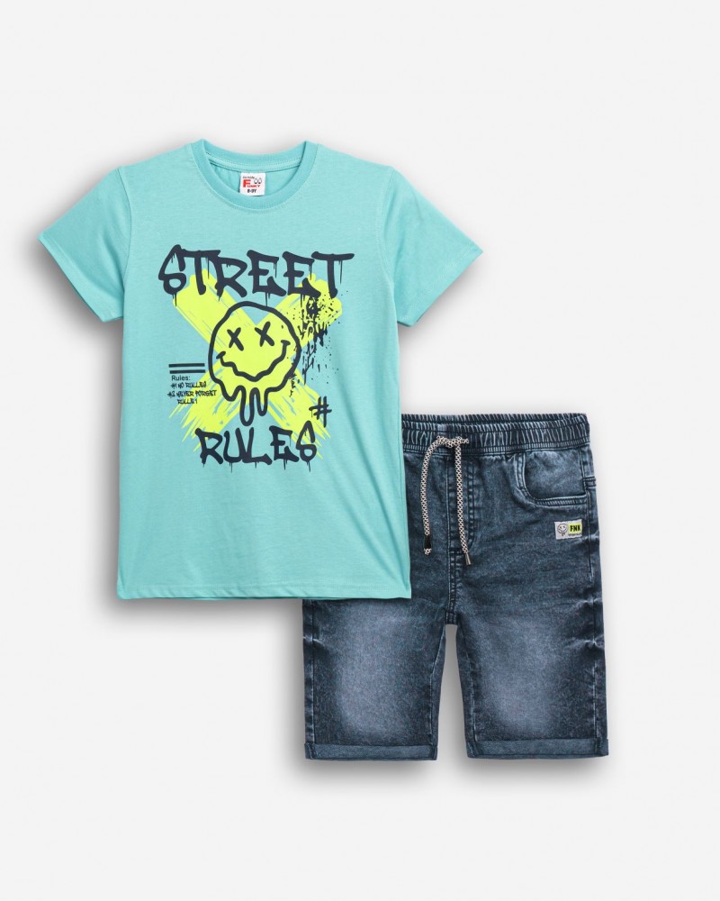 Εφηβικό Σετ με T-Shirt Μπλούζα Street Rules και Τζιν Βερμούδα Αγόρι (6-16) –Λευκό– 