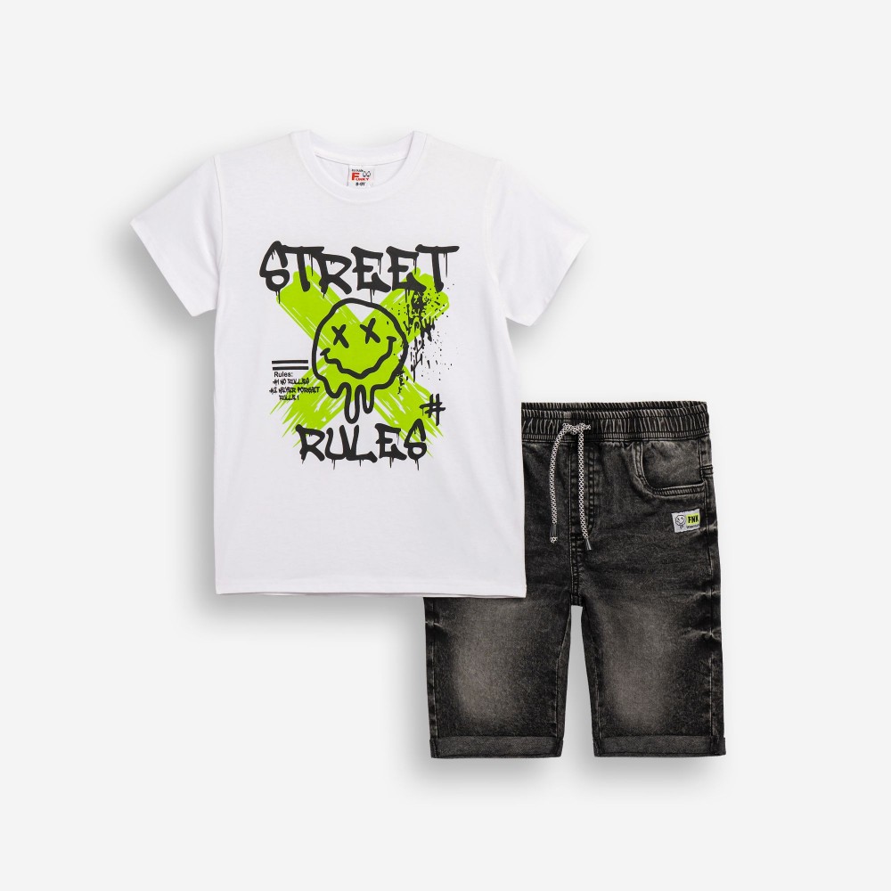 Εφηβικό Σετ με T-Shirt Μπλούζα Street Rules και Τζιν Βερμούδα Αγόρι (6-16) –Λευκό– 126-102103-2