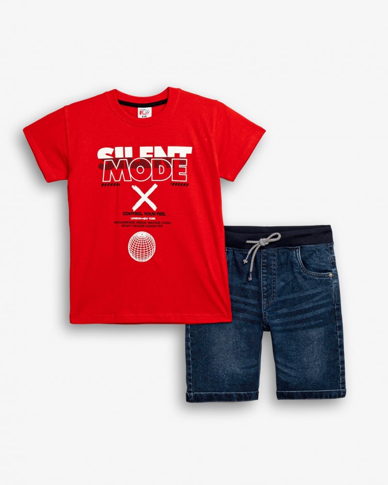 Εφηβικό Σετ με T-Shirt Μπλούζα Silent Μode και Τζιν Βερμούδα Αγόρι (6-16) –Κόκκινο– 