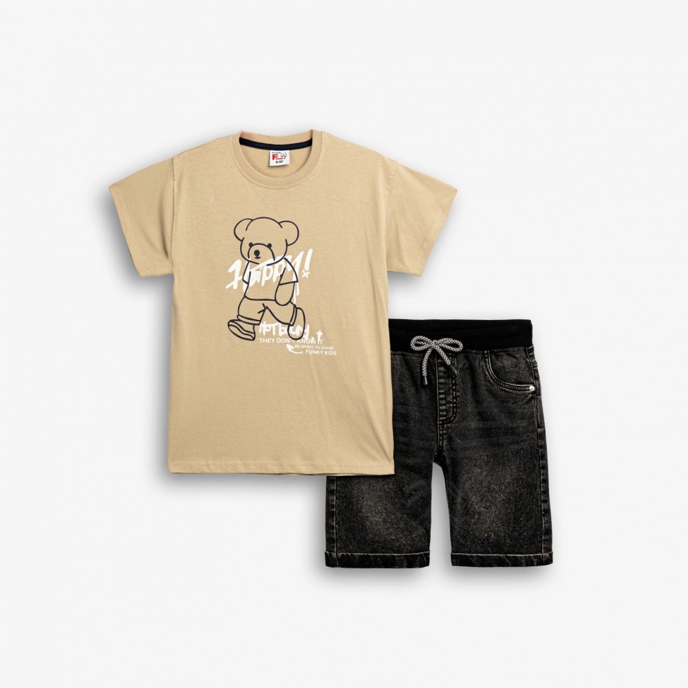 Εφηβικό Σετ με T-Shirt Μπλούζα Aρκουδάκι Happy και Τζιν Βερμούδα Αγόρι (6-16) –Μπεζ– 