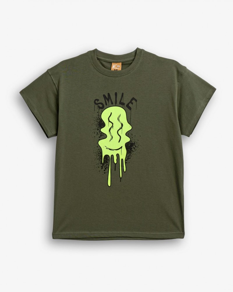 Εφηβική T-Shirt Μπλούζα με Τύπωμα Smile Αγόρι (6-16) -Χακί- 