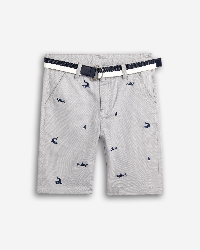Εφηβική Βερμούδα Λύκρα με Ζώνη και Κέντημα Allover Καρχαρίες Αγόρι (6-16) –Γκρι– 