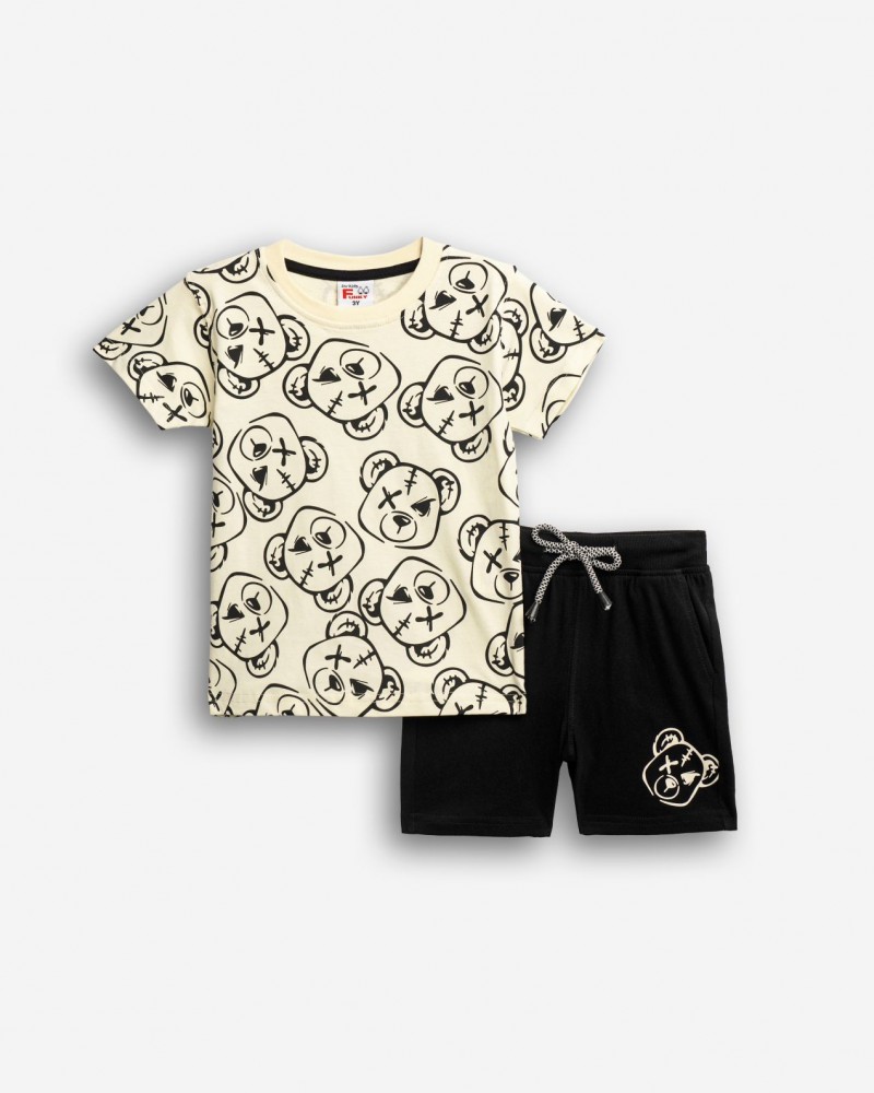 Παιδικό Σετ Μακό με Μπλούζα Αρκουδάκι και Βερμούδα Αγόρι (2-6) –Βανίλια– 